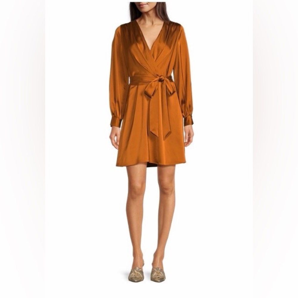 NWT Alex Marie Paige‎ Satin Deep V-Neck Long Sleeve Mini Dress Size 12